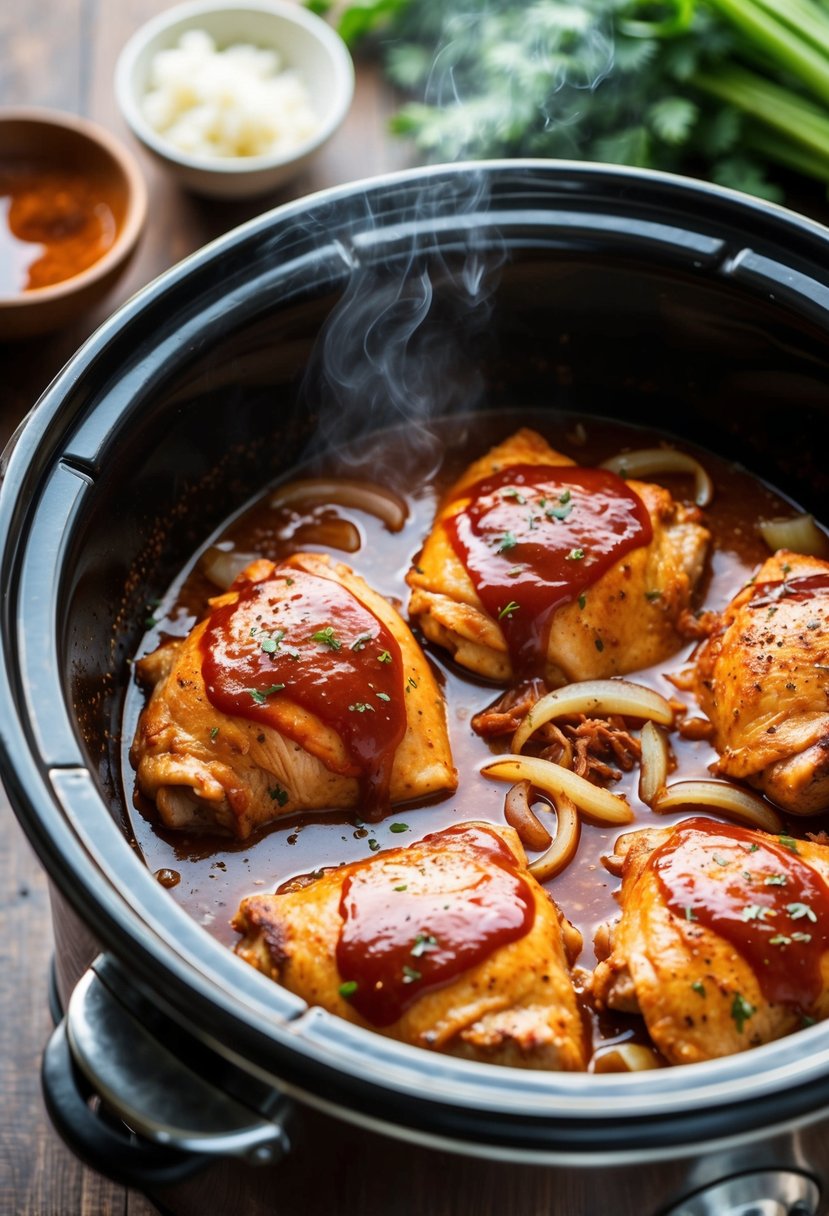 Chicken thighs simmering in a crockpot with BBQ sauce, onions, and spices, emitting a tantalizing aroma