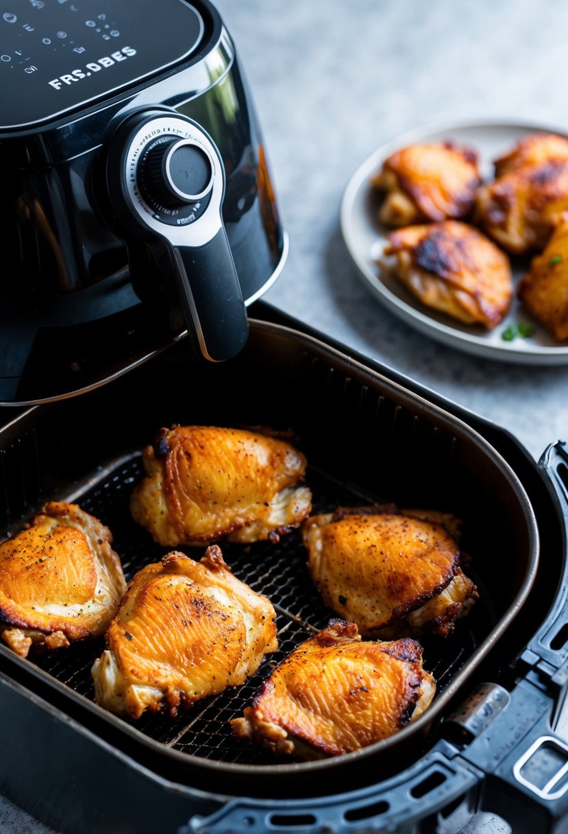 Crispy chicken thighs sizzling in an air fryer, golden and juicy