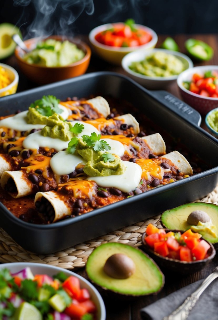 A steaming tray of black bean enchiladas, topped with melted cheese and surrounded by colorful salsa and guacamole