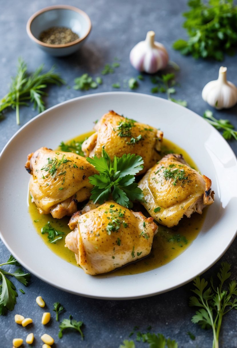 A plate of Mediterranean garlic herb chicken thighs with fresh herbs and ingredients scattered around