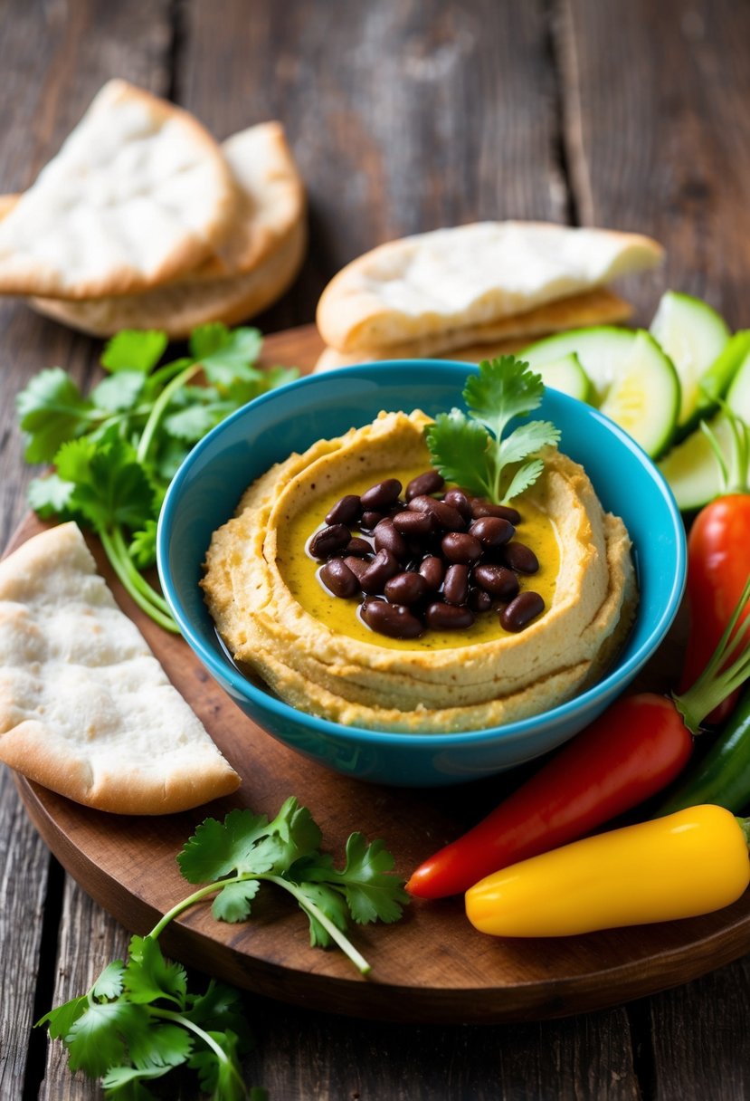 A rustic wooden table with a bowl of black bean hummus surrounded by pita bread, fresh vegetables, and a sprig of cilantro