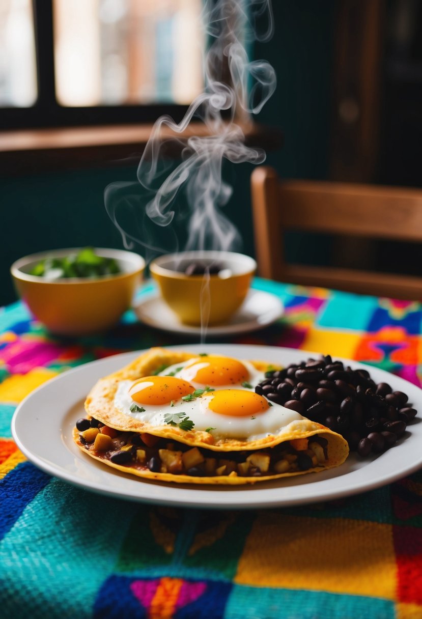 A plate of huevos rancheros with a side of black beans sits on a colorful tablecloth, steam rising from the eggs