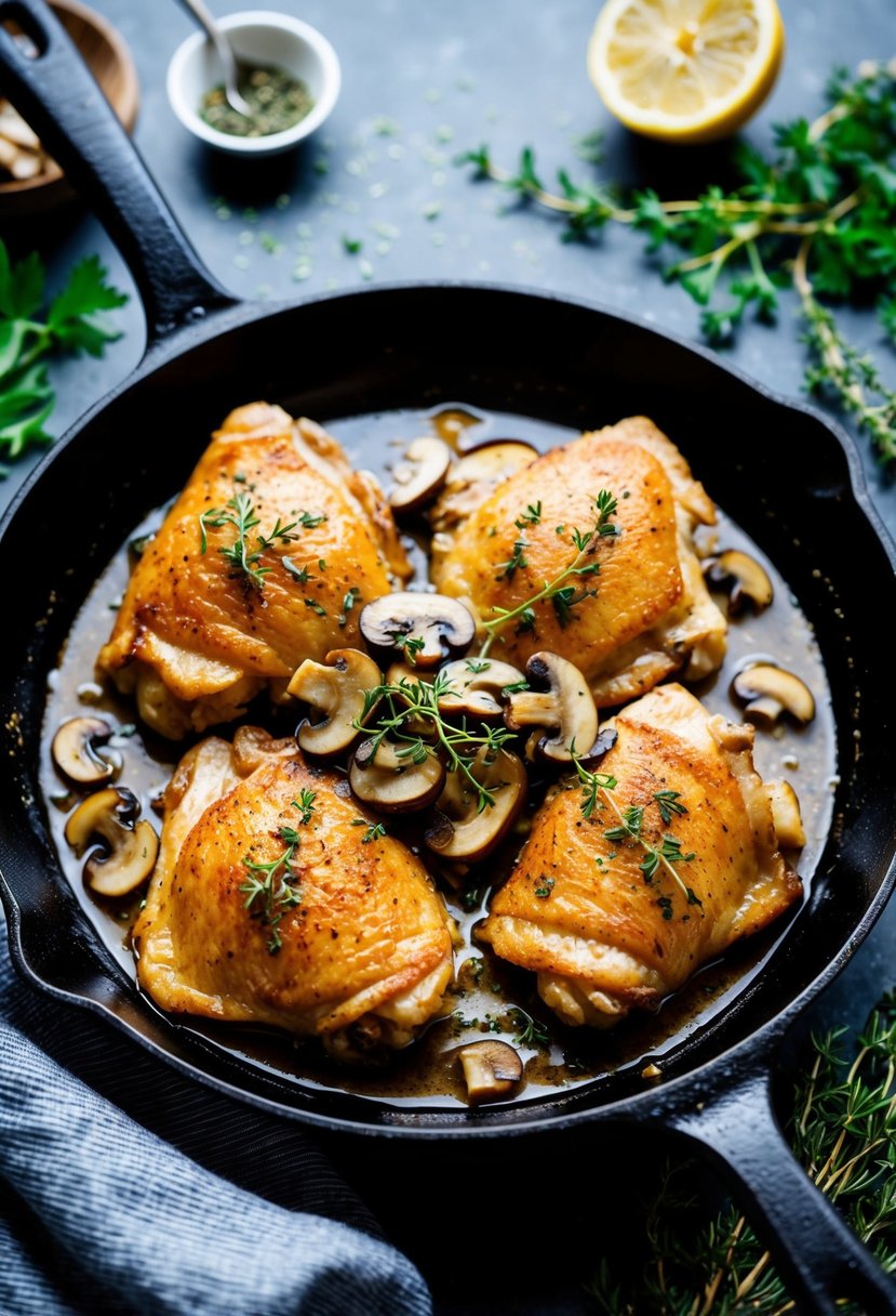 A skillet sizzling with golden-brown chicken thighs, topped with a savory mushroom and thyme sauce, surrounded by fresh herbs and ingredients