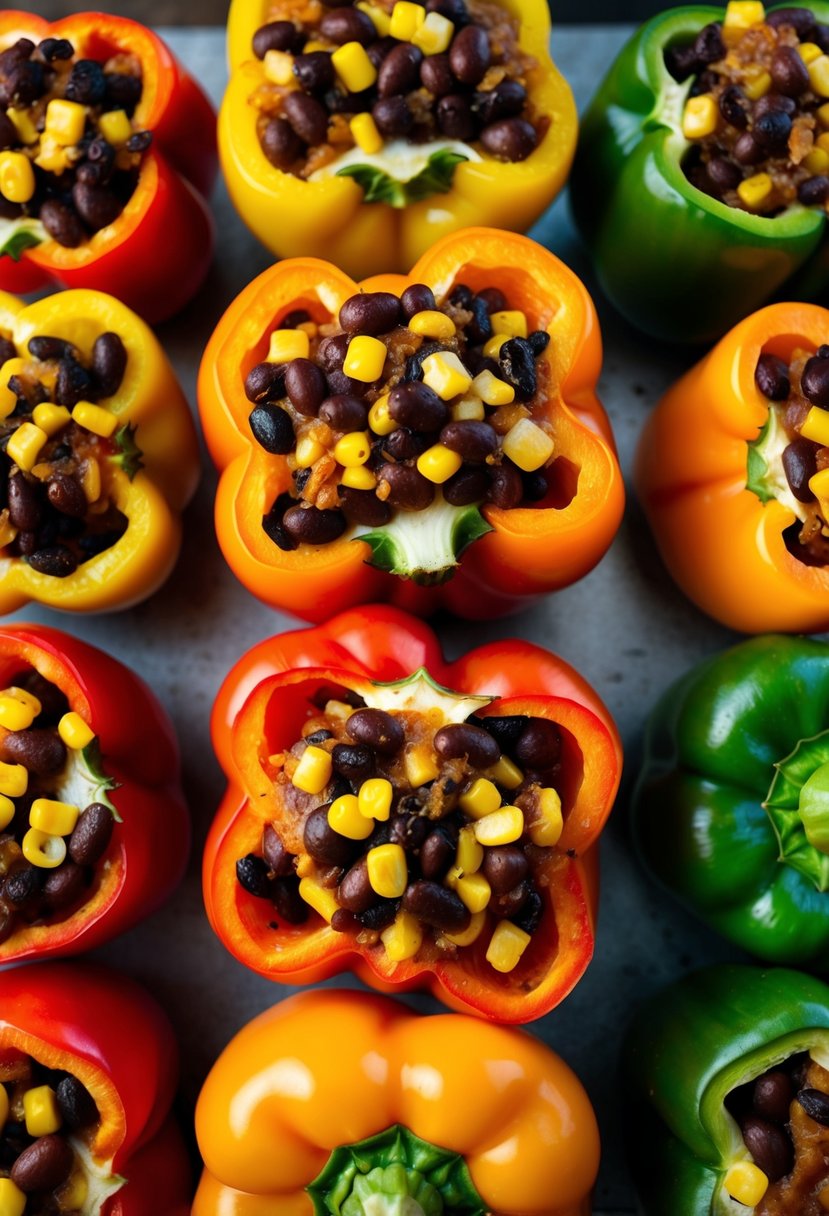 A colorful array of bell peppers, sliced open and filled with a hearty mixture of black beans, corn, and spices, ready to be baked