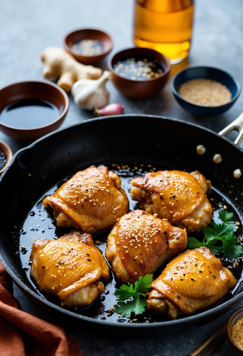 A sizzling skillet of sesame ginger chicken thighs, surrounded by colorful Asian-inspired ingredients like soy sauce, ginger, garlic, and sesame seeds