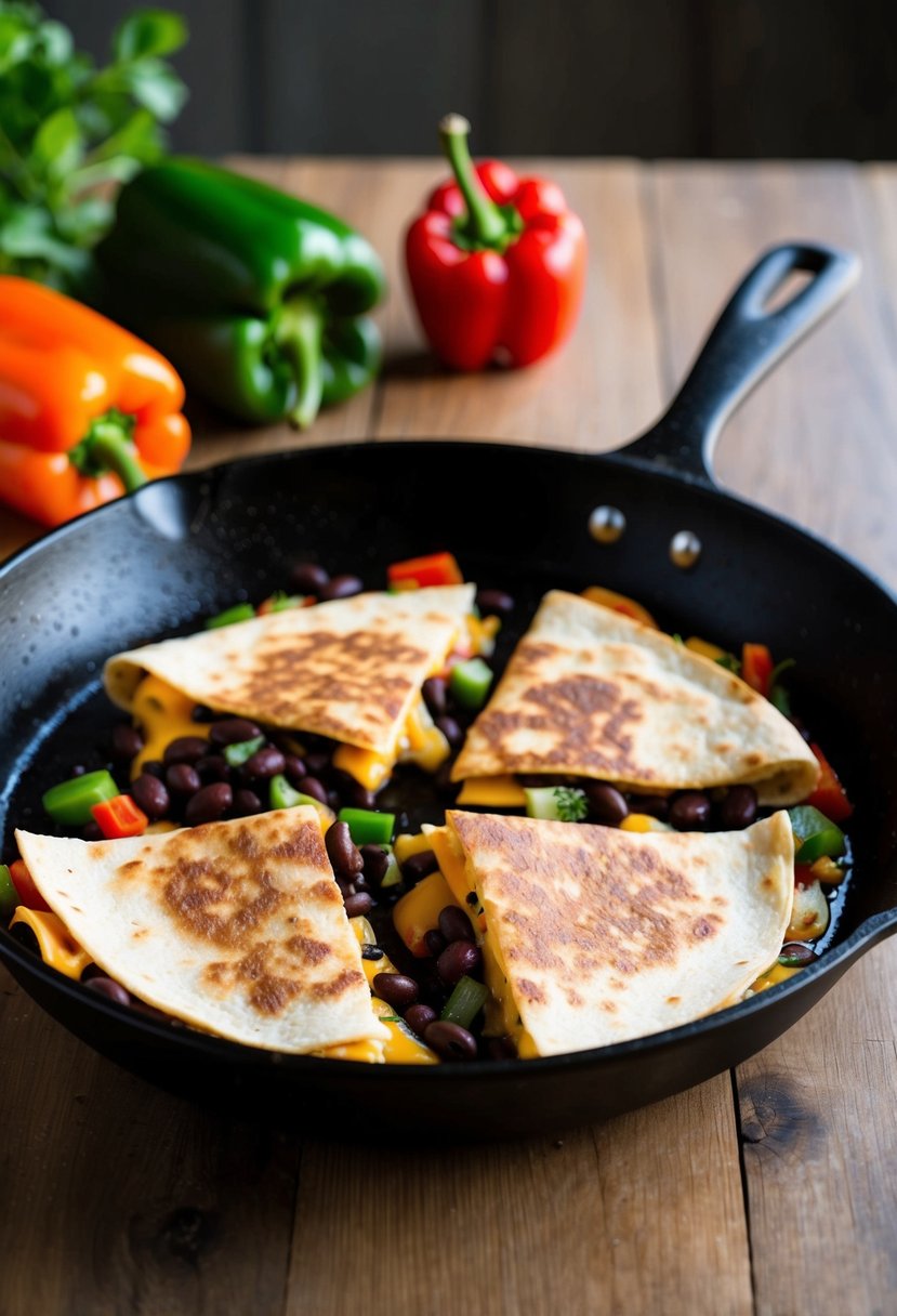 A sizzling skillet with golden brown quesadillas filled with black beans, cheese, and colorful peppers