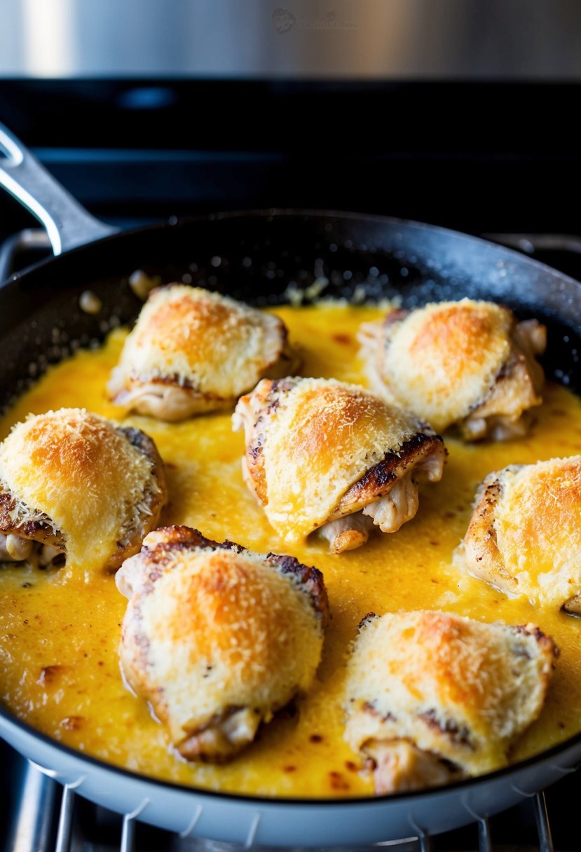 A sizzling skillet of creamy Parmesan-coated chicken thighs baking in the oven. Golden brown and bubbling with melted cheese