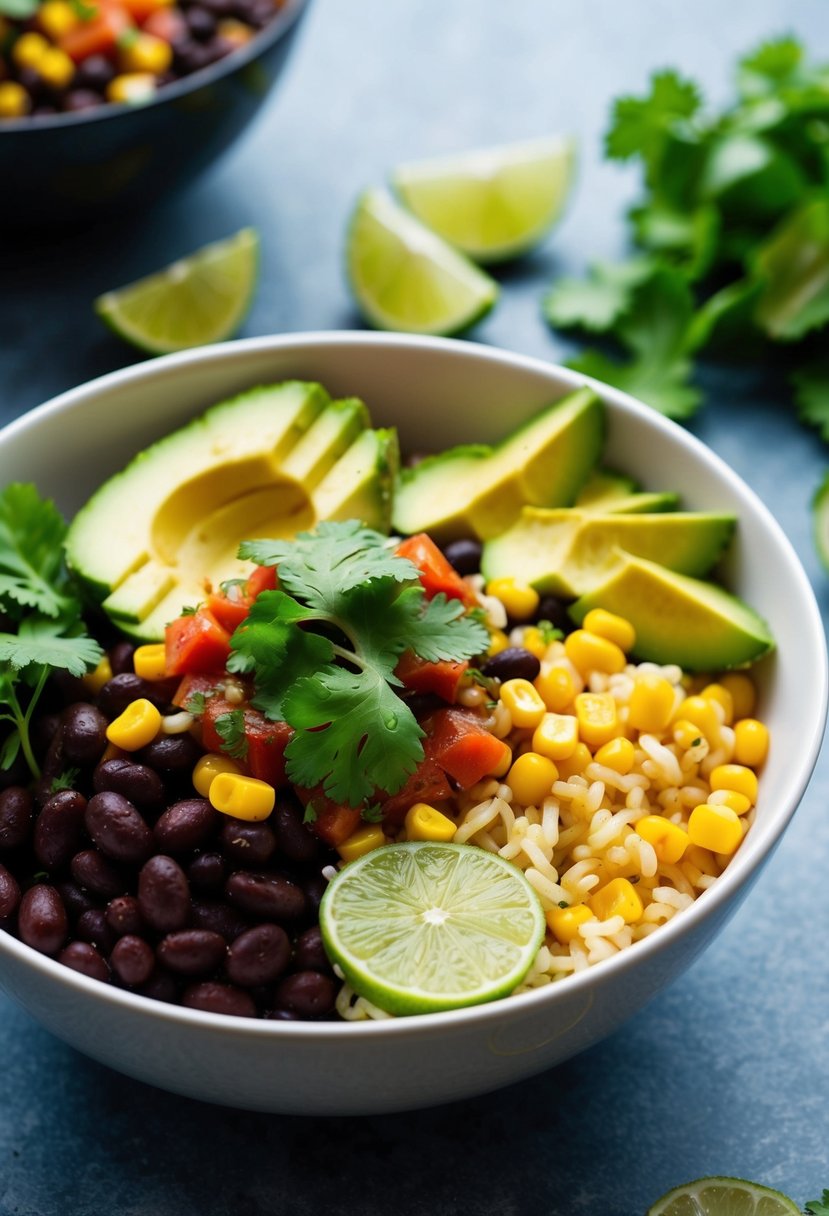 A colorful bowl filled with black beans, rice, avocado, corn, and salsa, topped with cilantro and lime slices