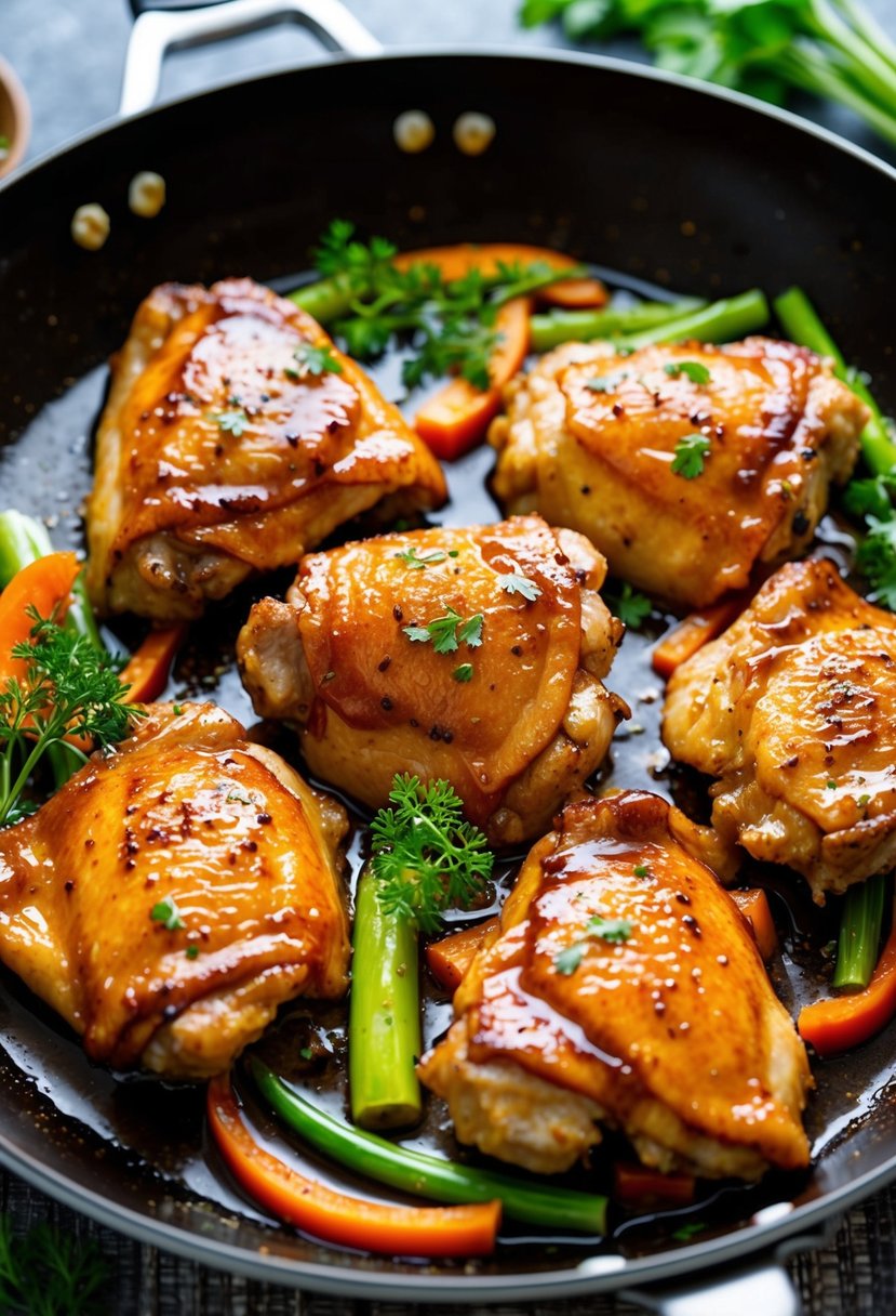 Chicken thighs sizzling in a sticky sweet and sour glaze, surrounded by vibrant vegetables and aromatic herbs on a sizzling hot pan