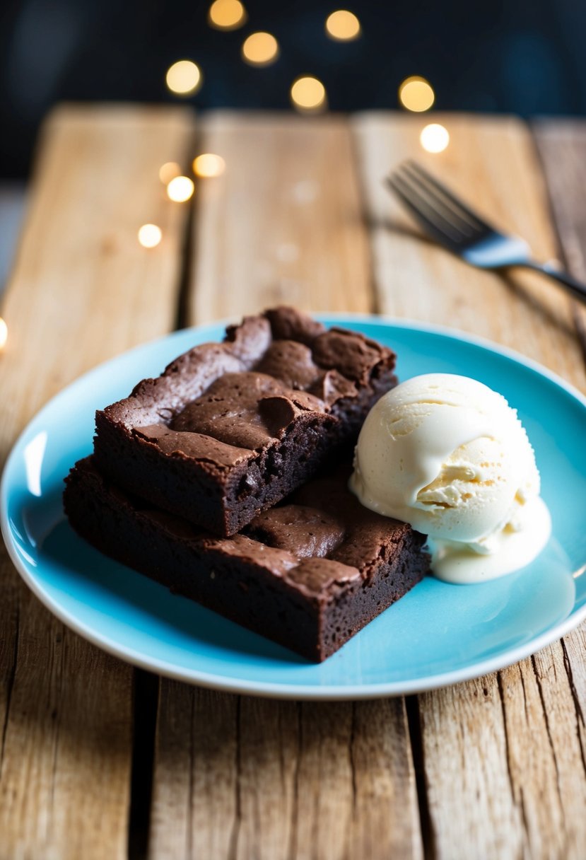 A plate of chocolate black bean brownies with a scoop of vanilla ice cream on the side