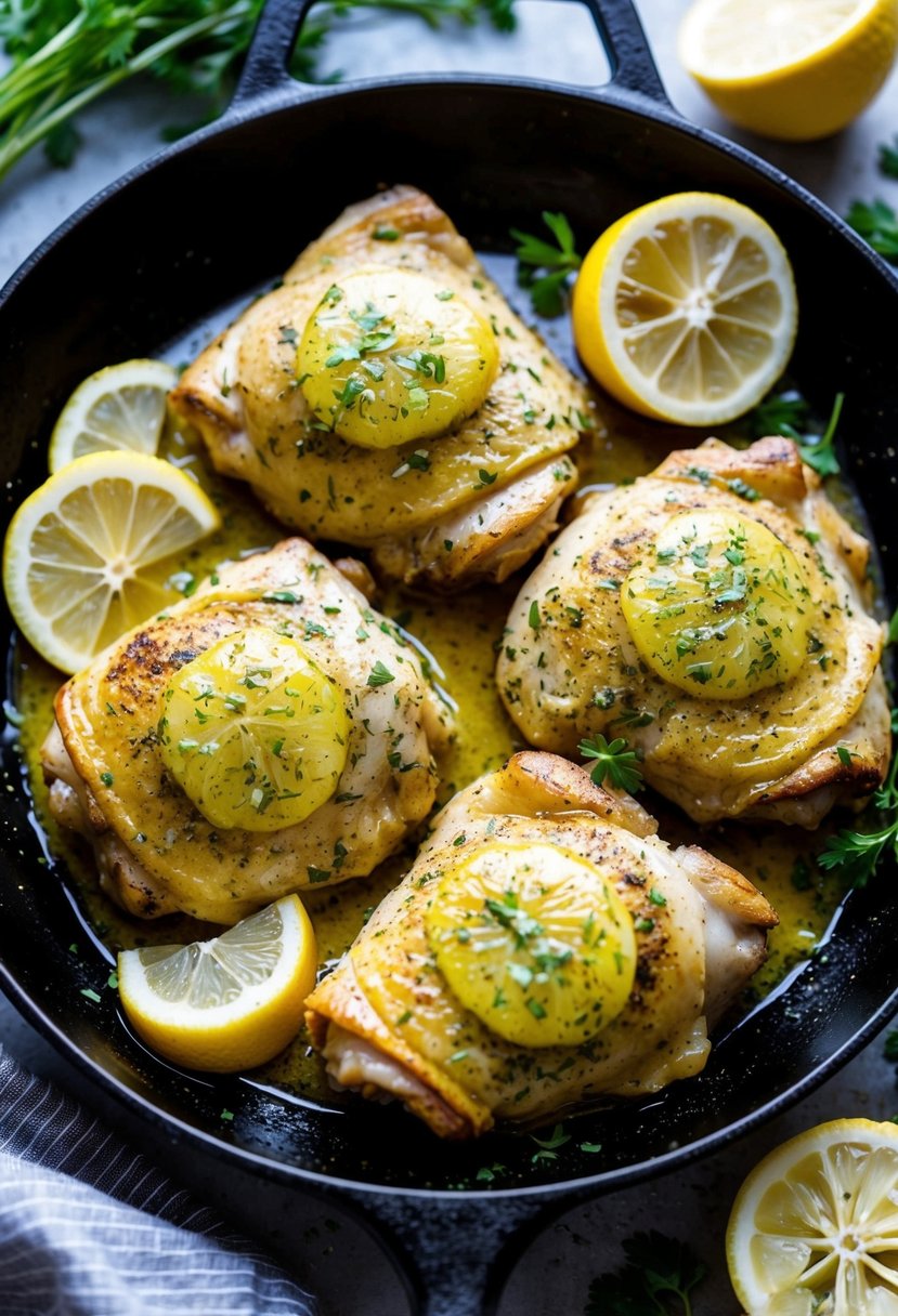 A sizzling skillet with golden-brown chicken thighs coated in herbed lemon garlic butter, surrounded by fresh herbs and sliced lemons