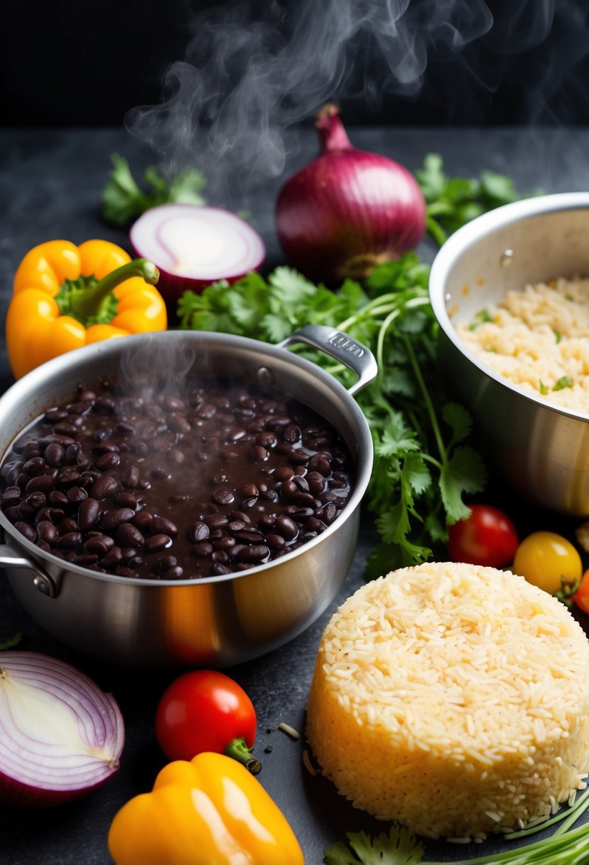 A steaming pot of Cuban black beans simmers next to a fluffy mound of rice, surrounded by colorful ingredients like bell peppers, onions, and cilantro