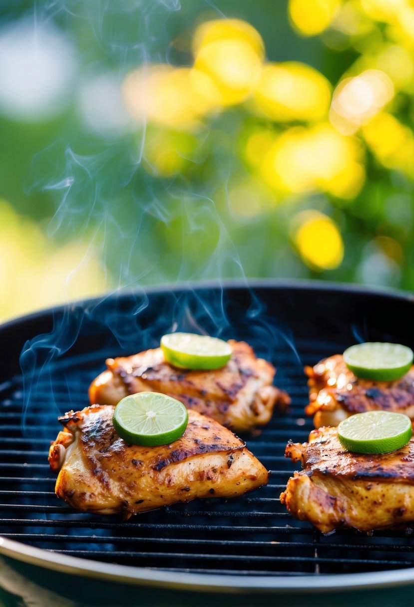 Juicy chicken thighs marinated in chipotle and lime, grilling on a hot barbecue