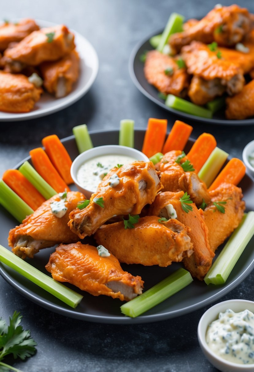 A platter of buffalo turkey wings surrounded by celery and carrot sticks, with a side of blue cheese dressing, ready for a Super Bowl party