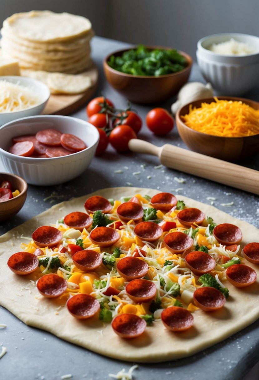 A table spread with various ingredients like cheese, pepperoni, and vegetables, with dough being rolled out and filled, ready to be baked into Garbage Bread