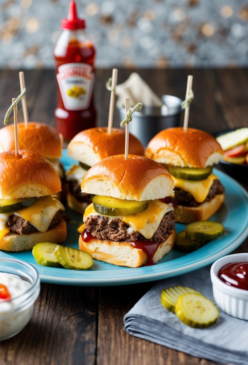 A platter of classic beef sliders with melted cheese, pickles, and ketchup, surrounded by a variety of condiments and a stack of napkins