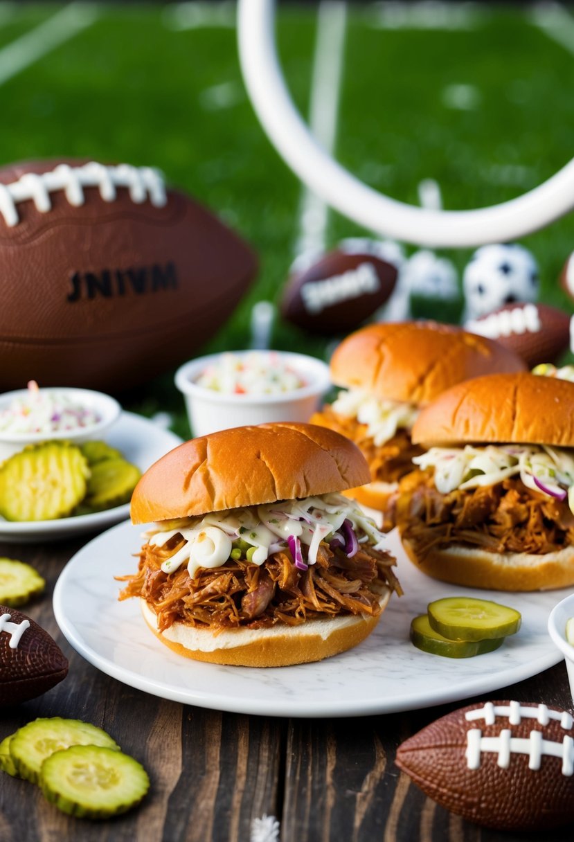 A table spread with pulled pork sandwiches, coleslaw, and pickles, surrounded by football-themed decorations and snacks