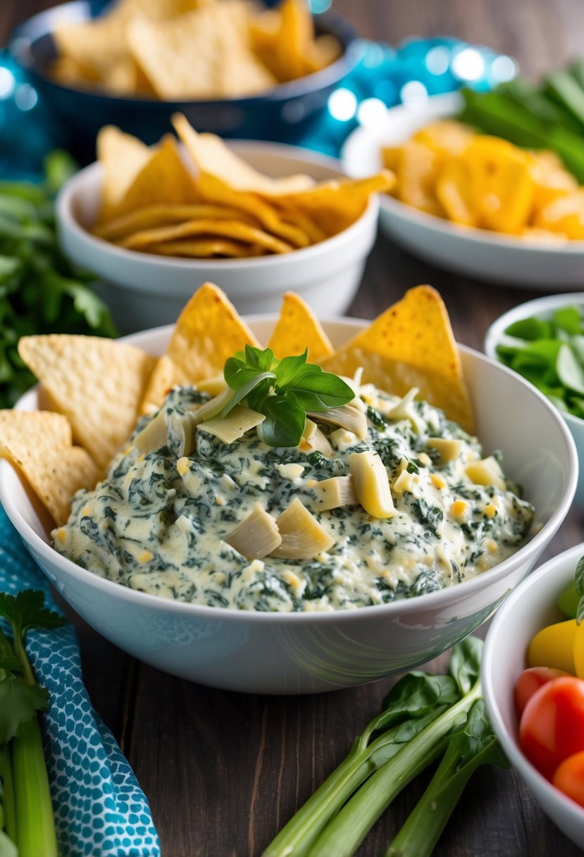 A bowl of spinach and artichoke dip surrounded by tortilla chips and fresh vegetables on a table at a Super Bowl party