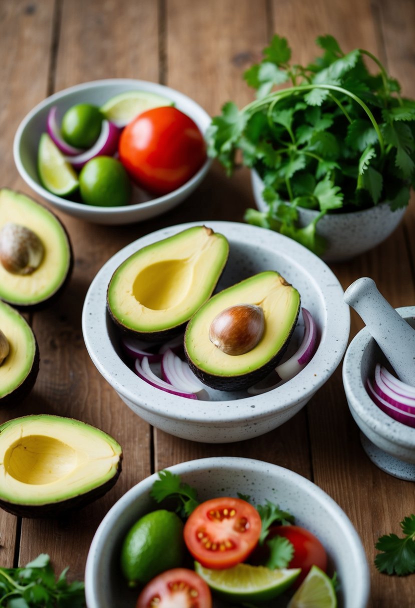 A wooden table with bowls of fresh avocados, tomatoes, onions, and cilantro, surrounded by tortilla chips and a mortar and pestle