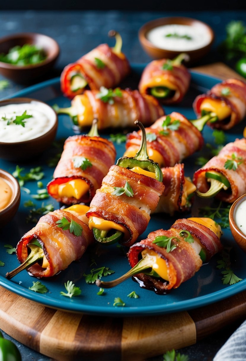 A platter of sizzling Bacon-Wrapped Jalapeño Poppers surrounded by dipping sauces and garnished with fresh herbs