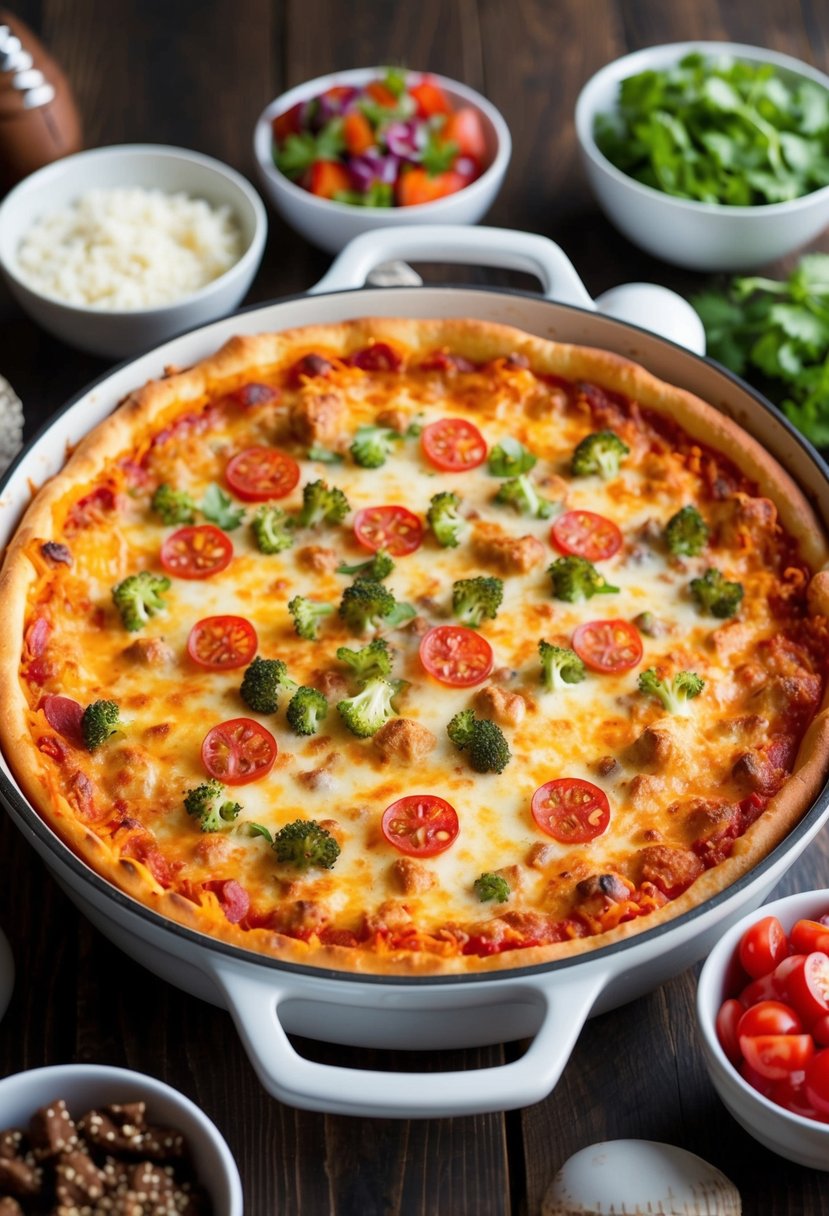 A bubbling dish of pizza casserole surrounded by bowls of toppings, ready for the big game