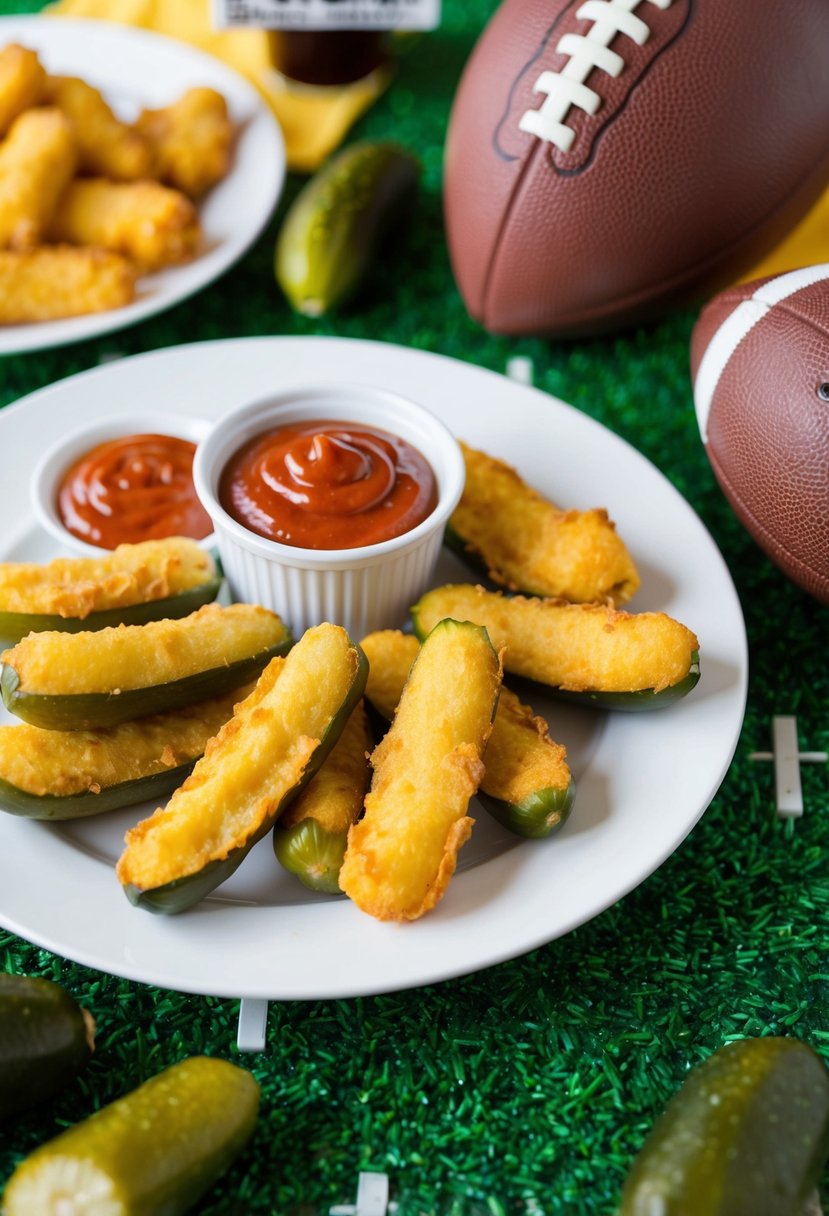 A plate of golden fried pickles surrounded by dipping sauce and placed next to a football on a table set for a Super Bowl party