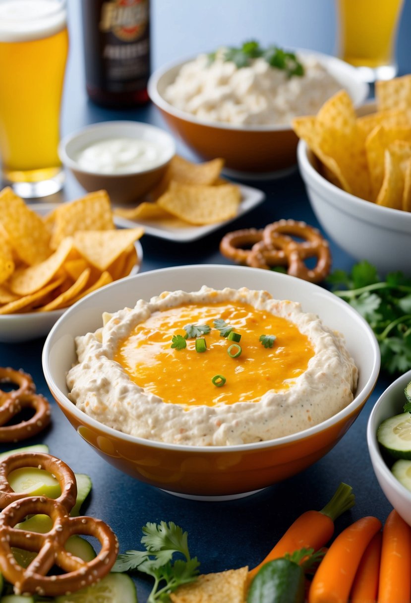 A bowl of beer cheese dip surrounded by pretzels, chips, and veggies on a table at a Super Bowl party