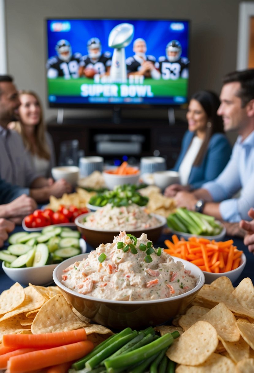 A table spread with a bowl of crab dip surrounded by chips, vegetables, and other snacks. A group of people gather around, watching the Super Bowl on the TV in the background