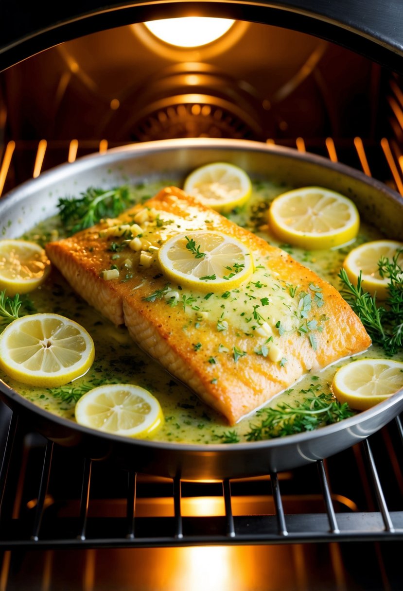 A golden-brown fish fillet covered in lemon garlic butter, surrounded by fresh herbs and slices of lemon, baking in a sizzling hot oven