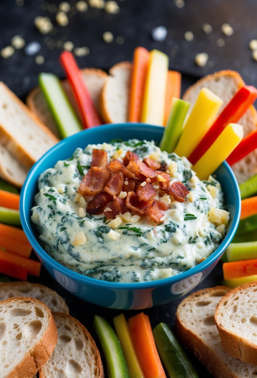 A bowl of garlic and bacon spinach dip topped with crispy bacon and garlic, surrounded by slices of bread and colorful vegetable sticks