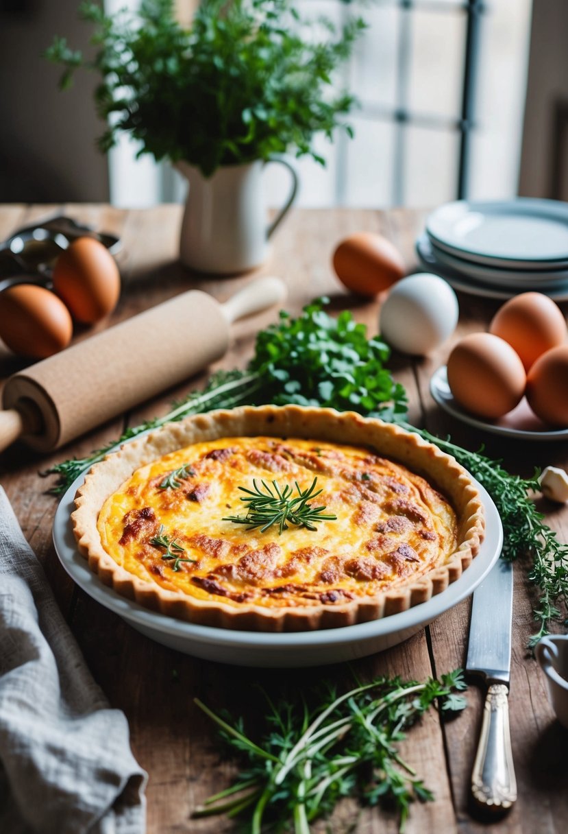 A rustic kitchen table set with a golden-brown Quiche Lorraine, surrounded by fresh herbs, eggs, and a vintage rolling pin