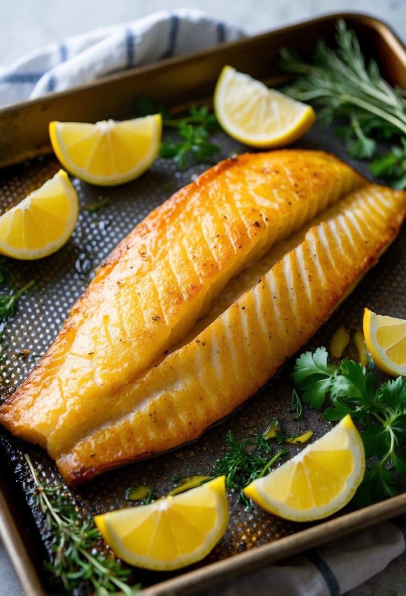 A golden-brown fish fillet sizzling on a baking tray, surrounded by vibrant lemon wedges and fresh herbs