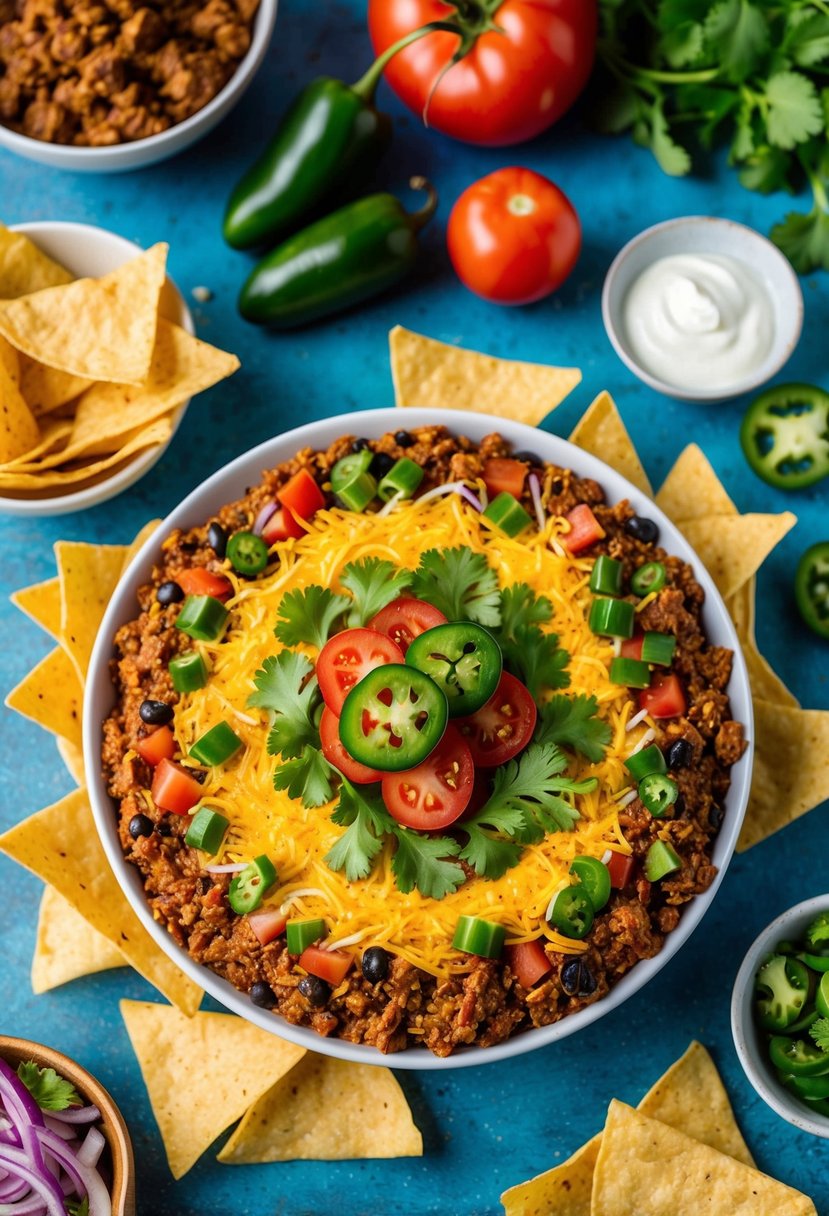 A colorful spread of taco dip, surrounded by tortilla chips and garnished with fresh tomatoes, jalapenos, and cilantro