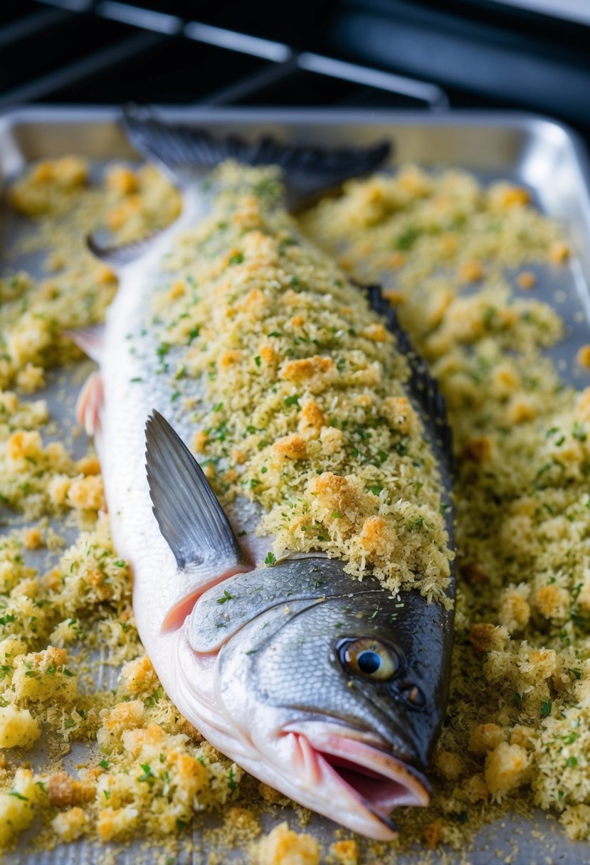 A whole snapper fish coated in herb-infused breadcrumbs, placed on a baking tray ready to be oven-baked