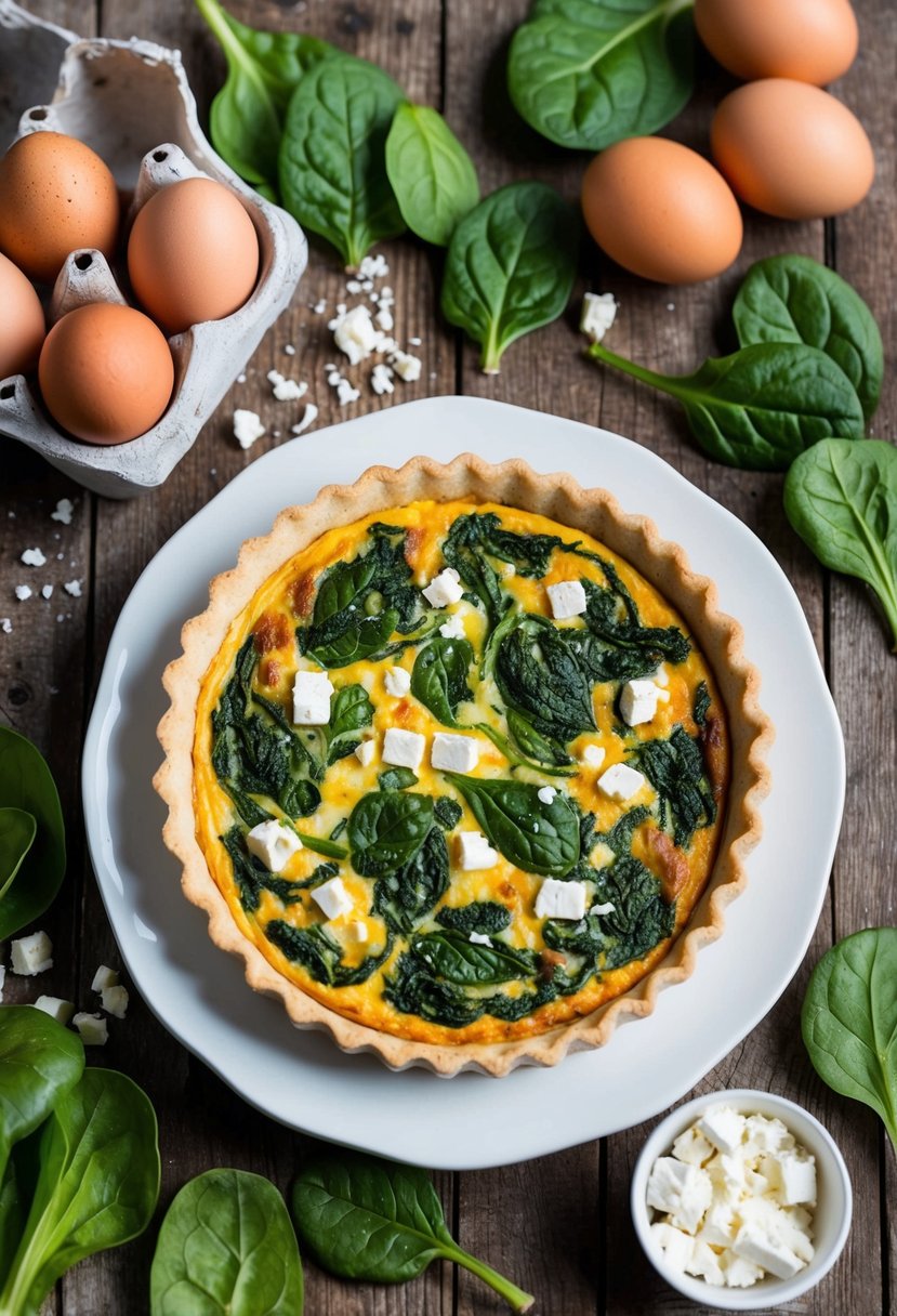 A golden-brown spinach and feta quiche sits on a rustic wooden table, surrounded by fresh ingredients like spinach leaves, eggs, and crumbled feta cheese