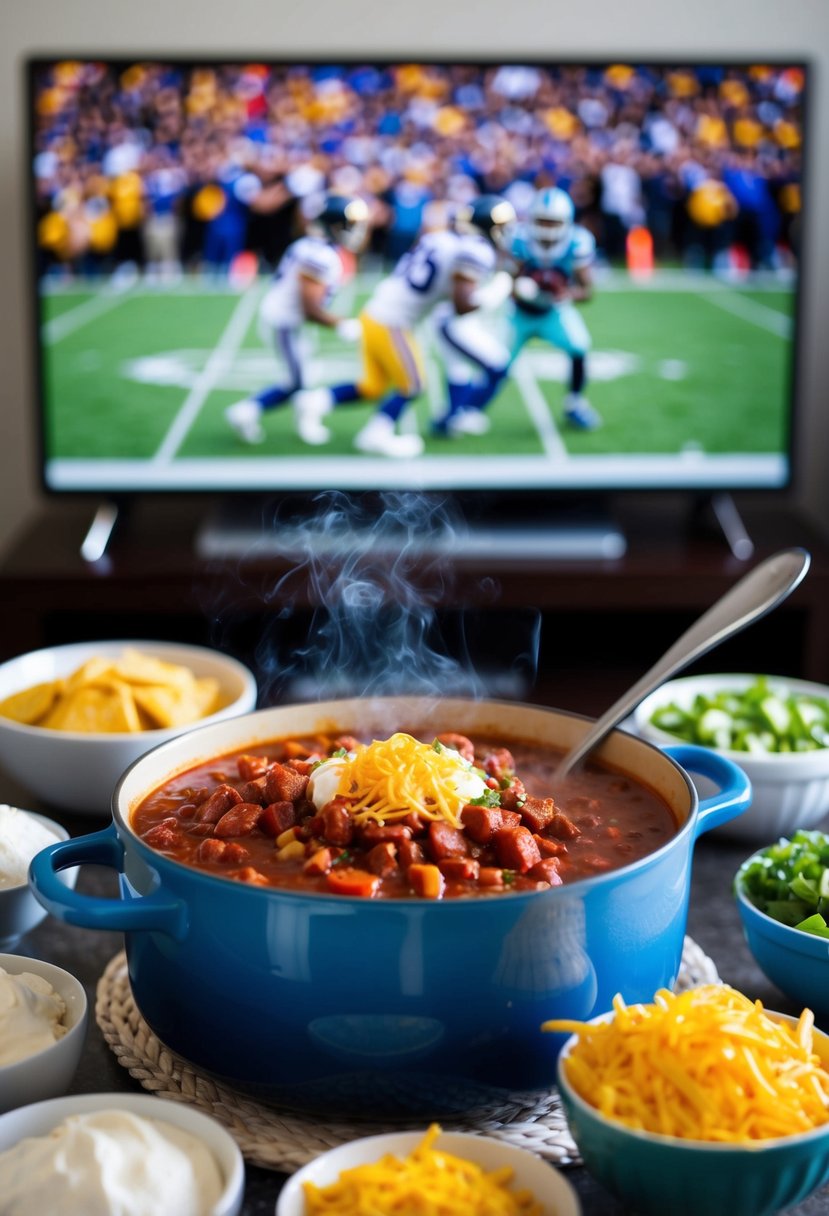 A steaming pot of chili surrounded by bowls of toppings and a football game playing on the TV