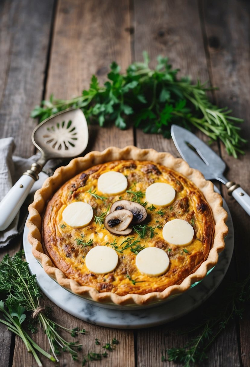 A golden-brown Mushroom and Swiss Cheese Quiche sits on a rustic wooden table, surrounded by fresh herbs and a vintage pie server