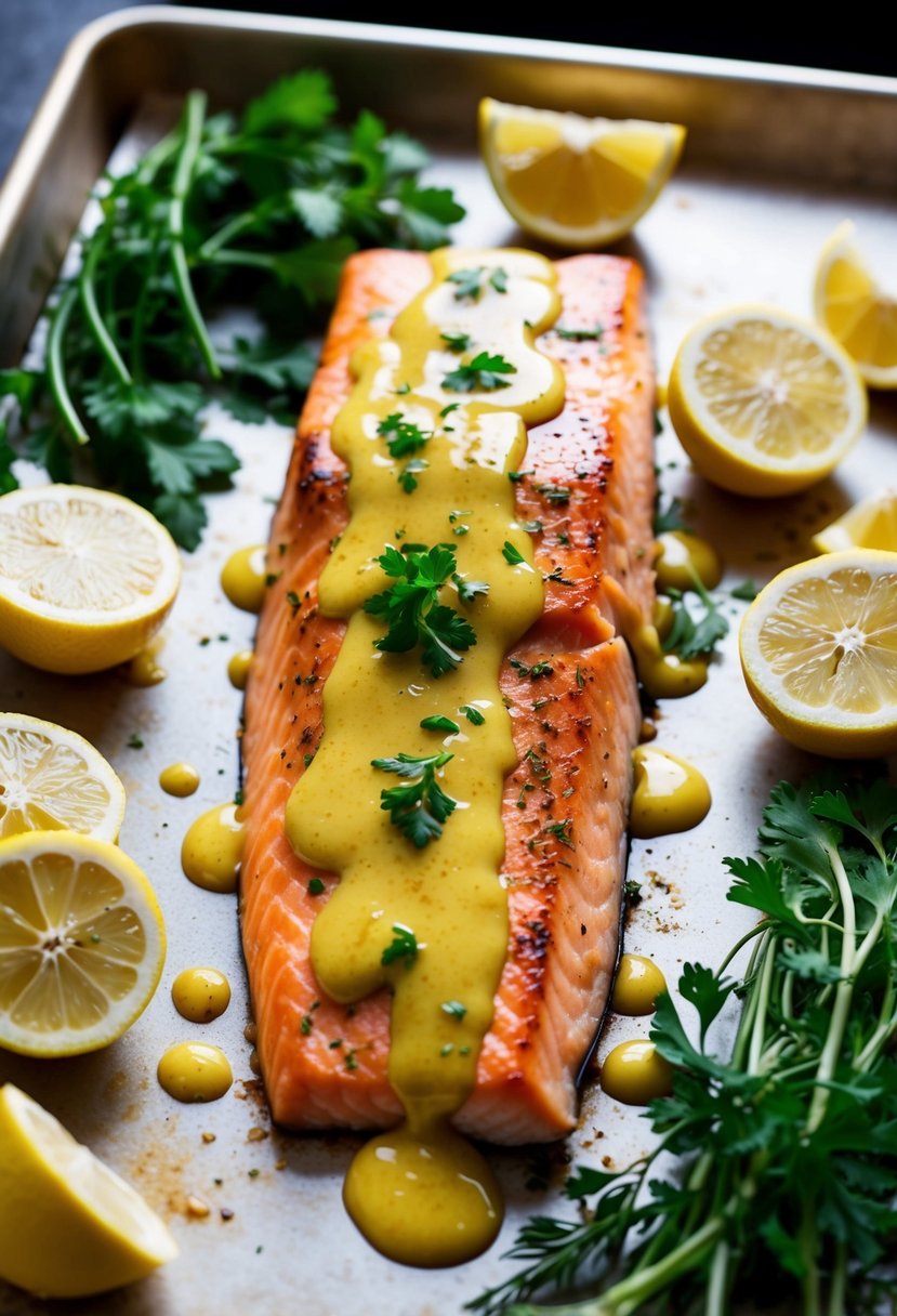 A golden-brown salmon fillet drizzled with honey mustard sauce, surrounded by fresh herbs and lemon wedges on a baking sheet