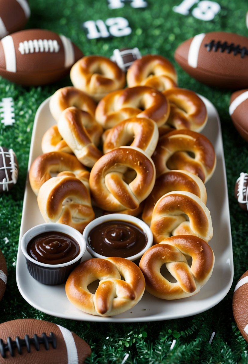 A platter of golden-brown soft pretzels arranged with dipping sauces and surrounded by football-themed decorations