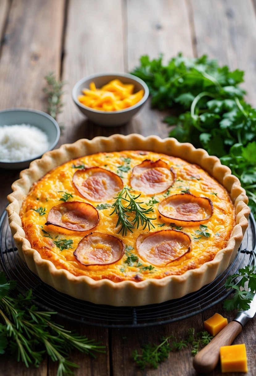 A golden-brown Ham and Cheddar Quiche sits on a rustic wooden table, surrounded by fresh herbs and ingredients