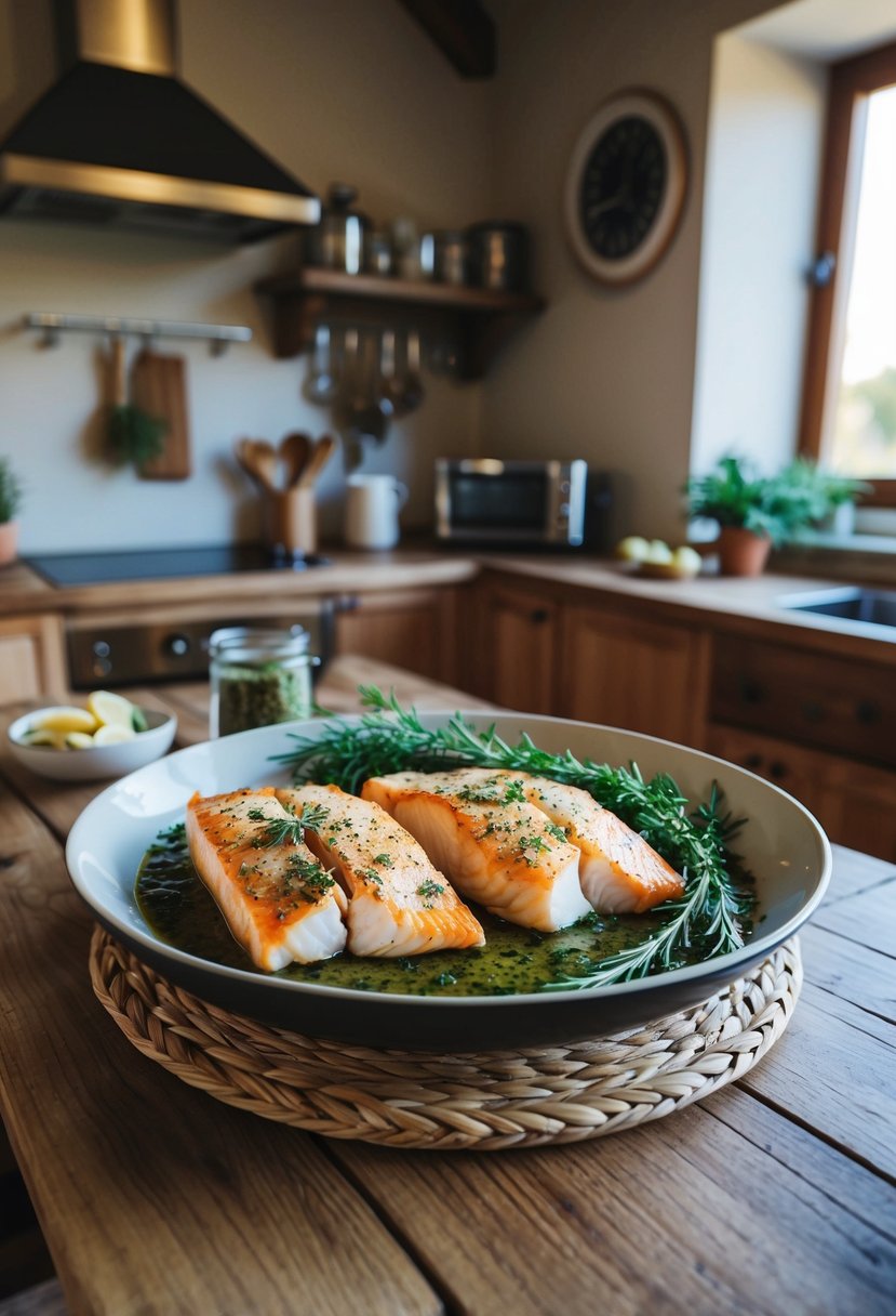 A rustic kitchen with a wooden table set for dinner, featuring a baked cod fish dish with Mediterranean herbs and spices