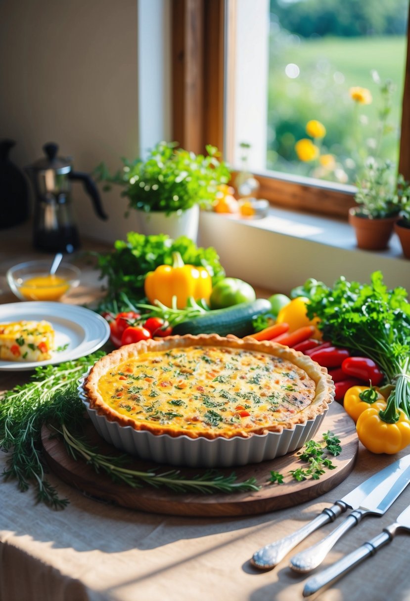 A rustic kitchen table set with a golden-brown Roasted Vegetable Quiche surrounded by fresh herbs and colorful vegetables. Sunlight streams through a nearby window, casting a warm glow over the scene