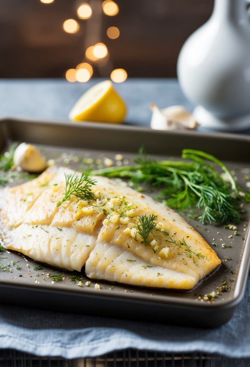 A fresh tilapia fillet sprinkled with garlic and dill, placed on a baking sheet ready to be oven baked