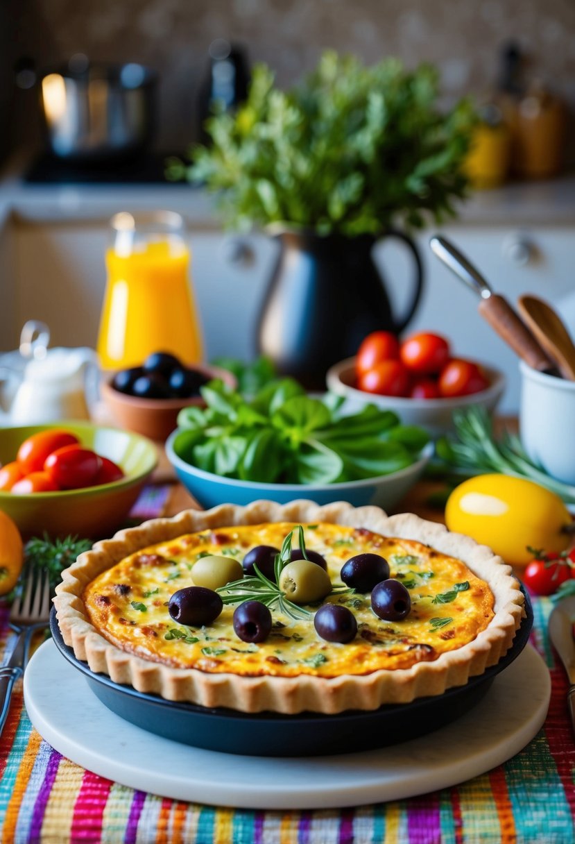 A table set with a freshly baked Mediterranean quiche, adorned with olives, surrounded by colorful ingredients and kitchen utensils