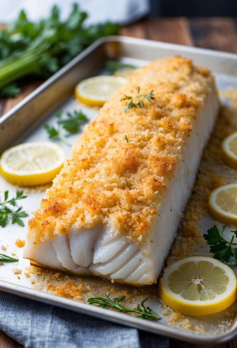 A golden-brown halibut fillet with a crispy parmesan crust, resting on a baking sheet with fresh herbs and lemon slices