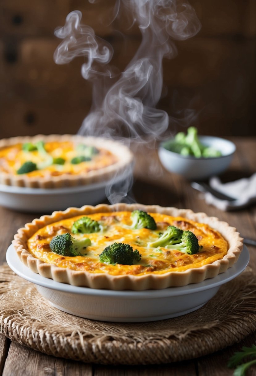 A golden-brown quiche sits on a rustic wooden table, steam rising from the creamy broccoli and cheddar filling