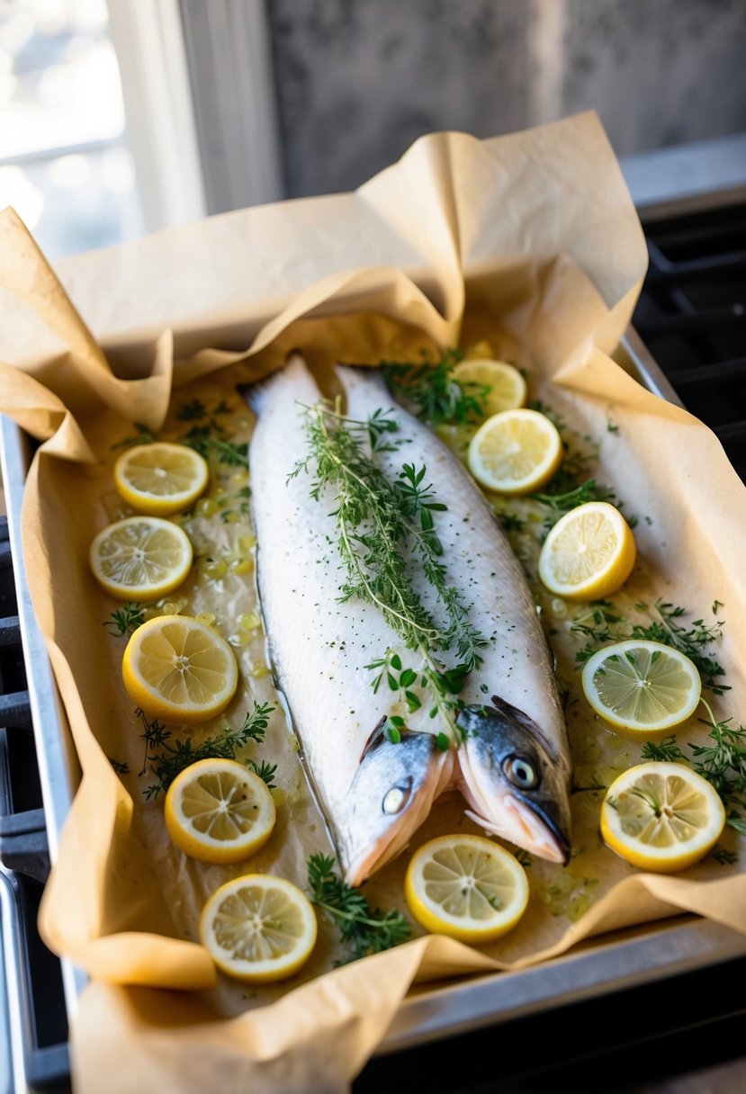 A parchment-wrapped white fish fillet baking in the oven, surrounded by herbs and lemon slices