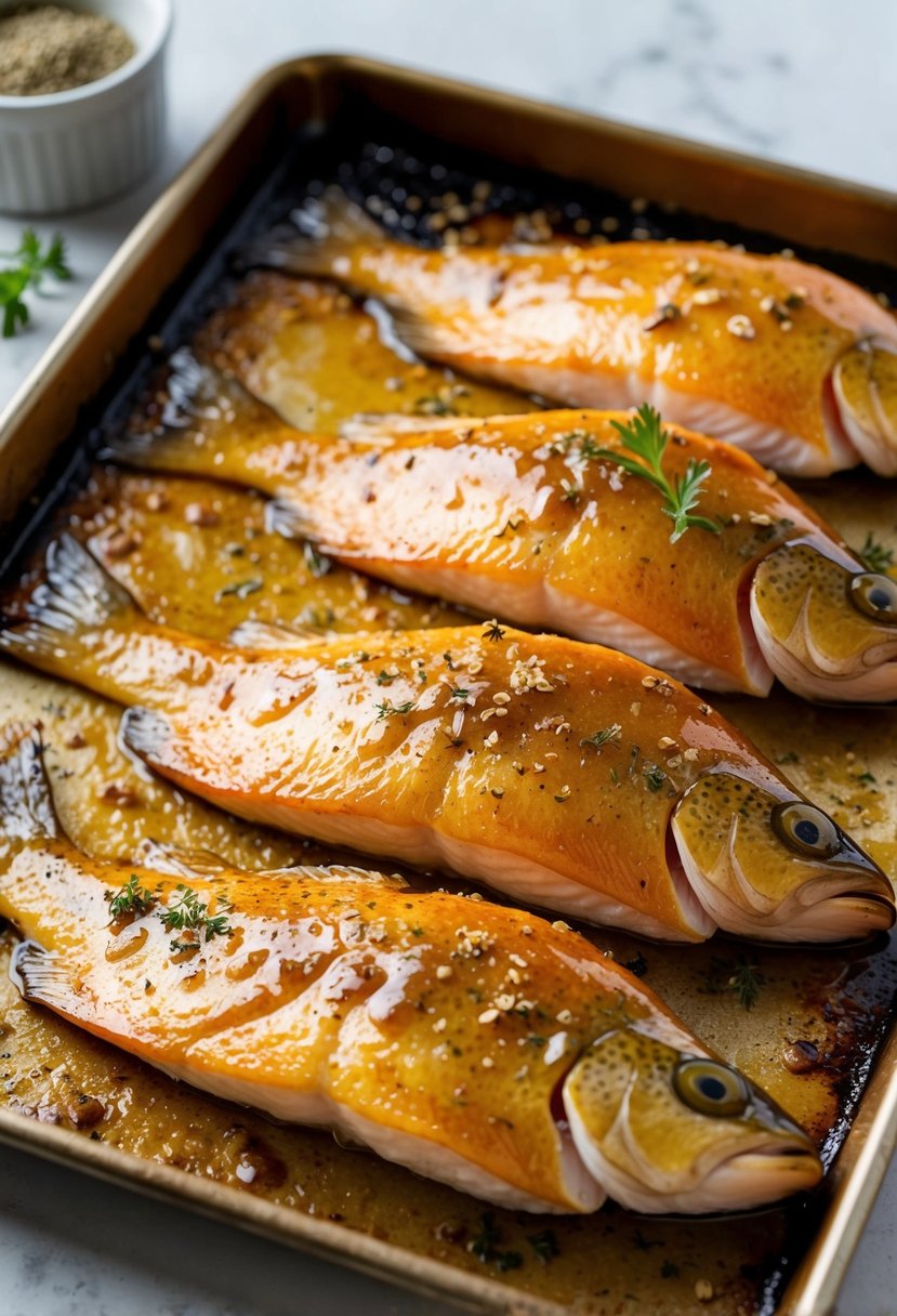 A golden-brown trout lies on a baking sheet, coated in a glossy maple glaze. A sprinkle of herbs and spices adds color and flavor