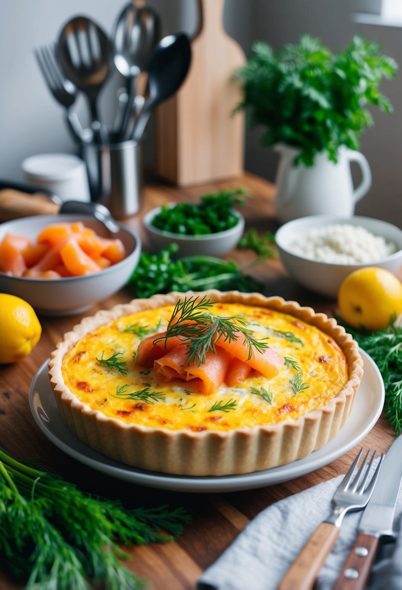 A table set with a golden-brown quiche, topped with smoked salmon and dill, surrounded by fresh ingredients and kitchen utensils