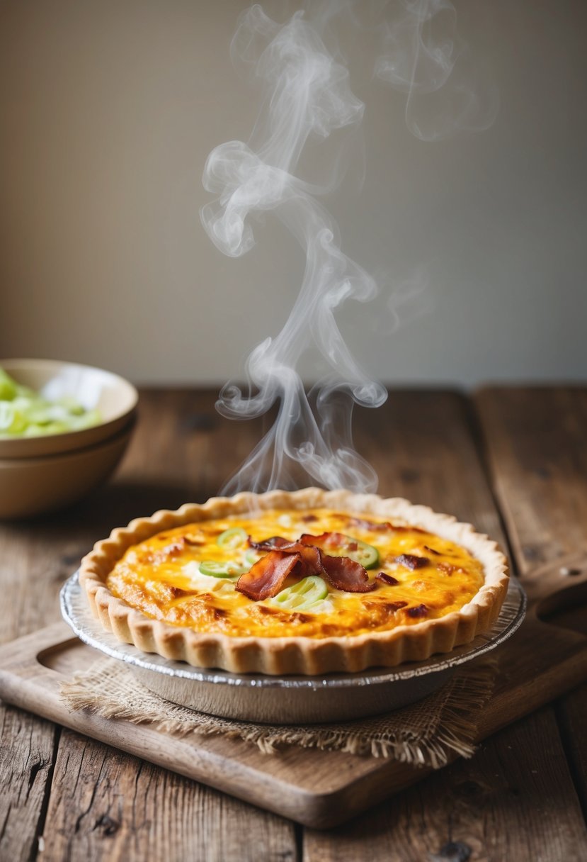 A golden-brown quiche sits on a rustic wooden table, steam rising from the savory bacon and leek filling